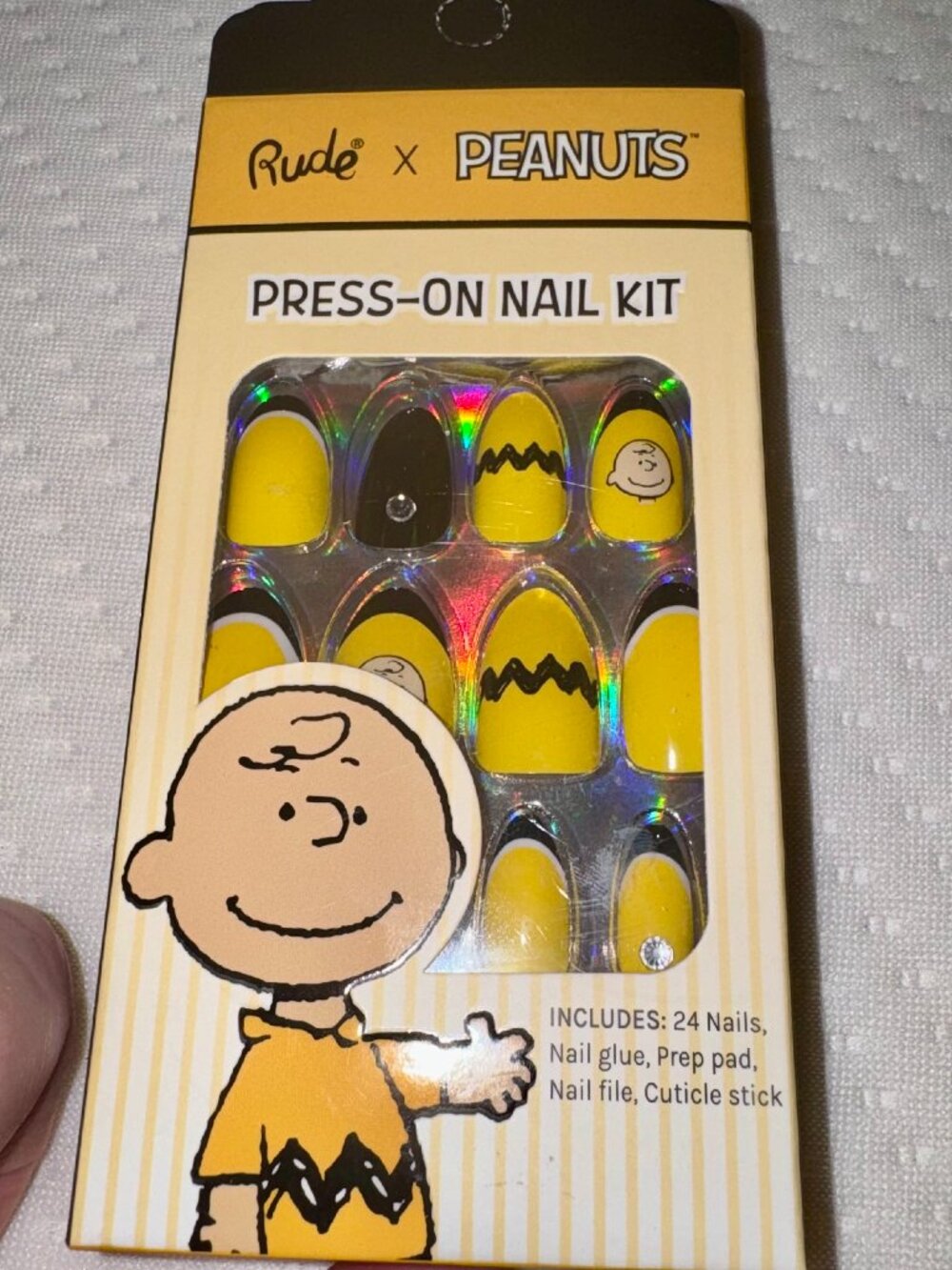 Rude x Peanuts Glossy Press On Nails 24 Kit, Almond, Yellow Black, Charlie Brown